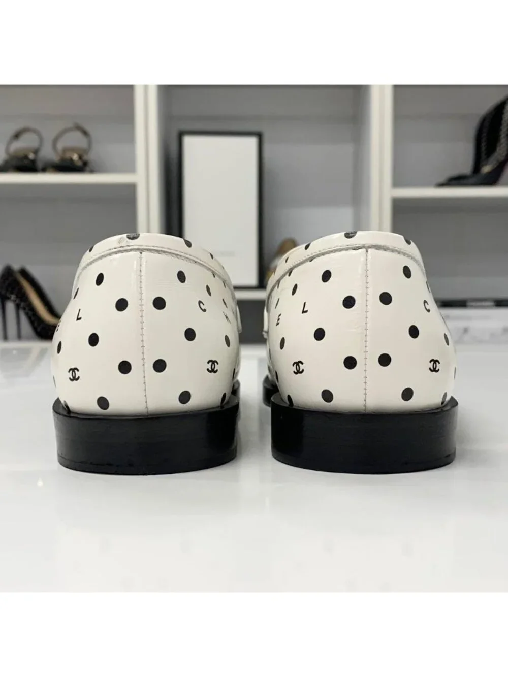 Chanel CC Logo Leather Dot Loafers White Black